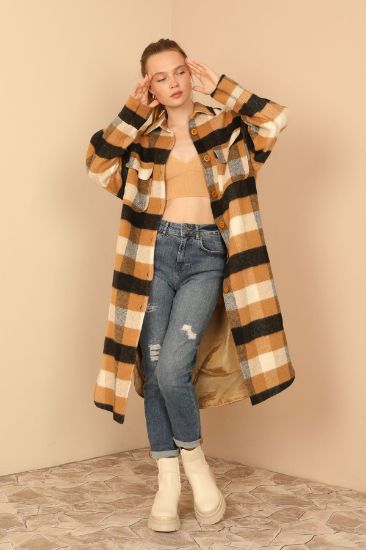 Picture of Oduncu Material Shirt Neck Knee Six Size Oversize Loose Plaid Woman Jacket Camel