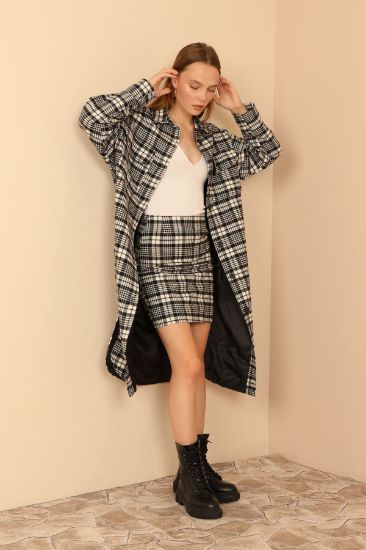 Picture of Oduncu Material Shirt Neck Knee Six Size Oversize Loose Plaid Woman Jacket Grey