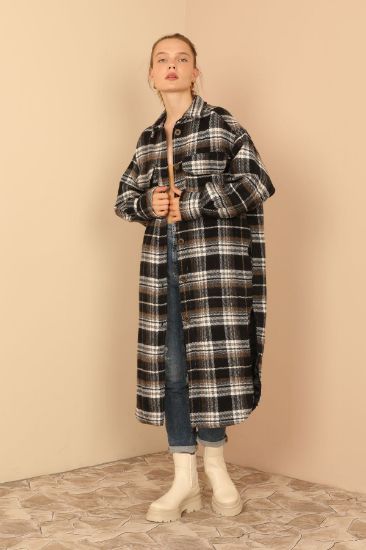 Picture of Oduncu Material Shirt Neck Knee Six Size Oversize Loose Plaid Woman Jacket Brown