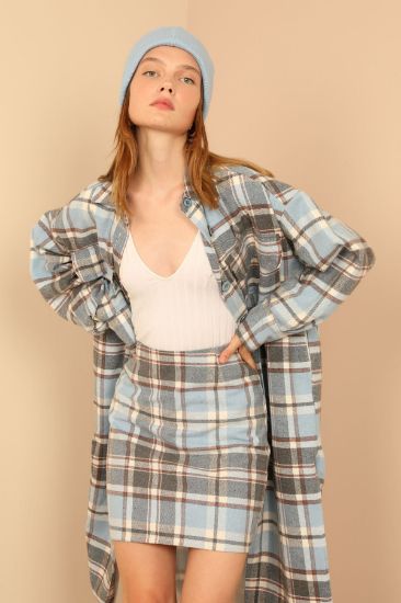 Picture of Oduncu Material Shirt Neck Knee Six Size Oversize Loose Plaid Woman Jacket Navy Navy Blue