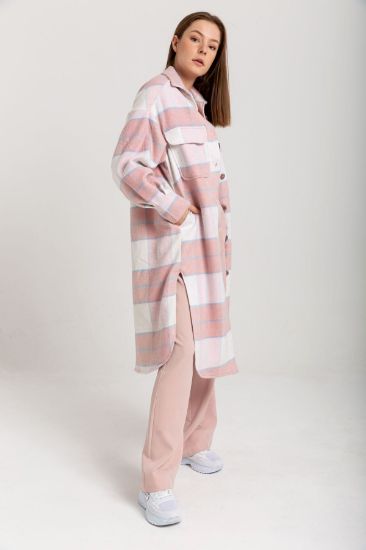 Picture of Oduncu Material Shirt Neck Knee Six Size Oversize Loose Plaid Woman Jacket Pink