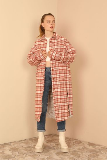 Picture of Oduncu Material Shirt Neck Knee Six Size Oversize Loose Plaid Woman Jacket Powder