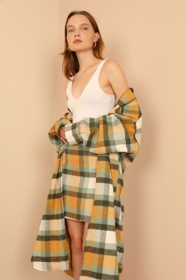Picture of Oduncu Material Shirt Neck Knee Six Size Oversize Loose Plaid Woman Jacket Tan