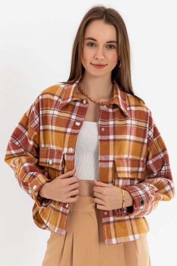 Picture of Oduncu Material Long Maxi Sleeve Shirt Neck Oversize Loose Plaid Woman Jacket Camel