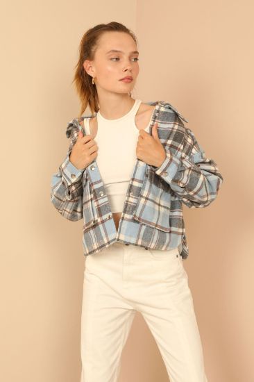 Picture of Oduncu Material Long Maxi Sleeve Shirt Neck Oversize Loose Plaid Woman Jacket Grey