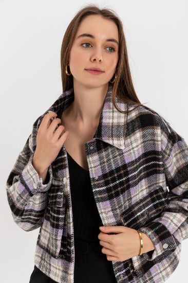 Picture of Oduncu Material Long Maxi Sleeve Shirt Neck Oversize Loose Plaid Woman Jacket Lilac