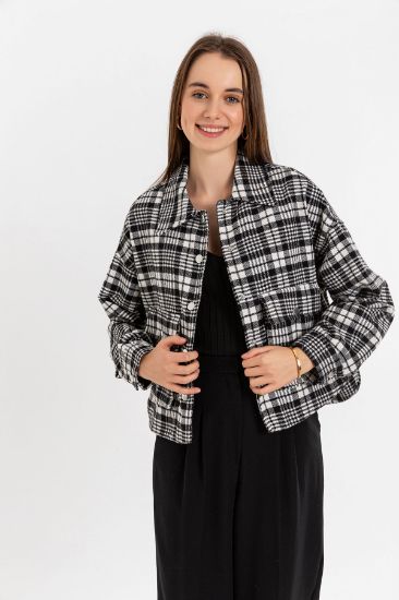 Picture of Oduncu Material Long Maxi Sleeve Shirt Neck Oversize Loose Plaid Woman Jacket Black