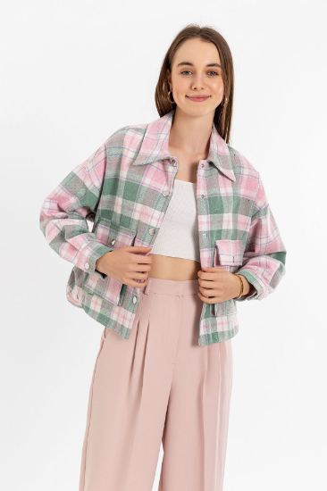 Picture of Oduncu Material Long Maxi Sleeve Shirt Neck Oversize Loose Plaid Woman Jacket Green