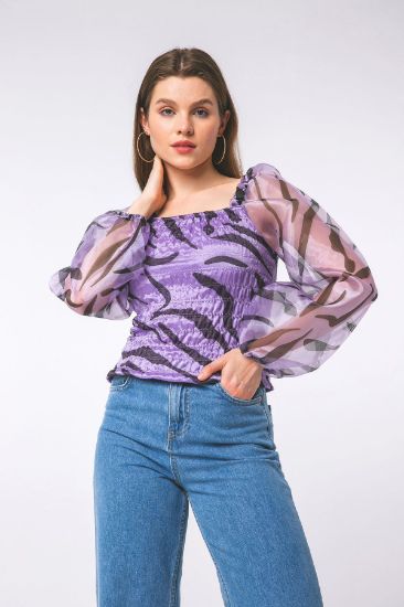 Picture of Organze Balon Sleeved Square Neck flower Pattern Gipeli Woman Blouse Lilac