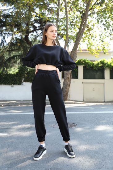 Picture of Knitting Material Long Maxi Sleeve Crew Neck waist Shirred Woman Crop Black