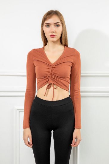 Picture of Knitting Material Long Maxi Sleeve V Neck Front Shirred Woman Blouse Terra Cotta Tile