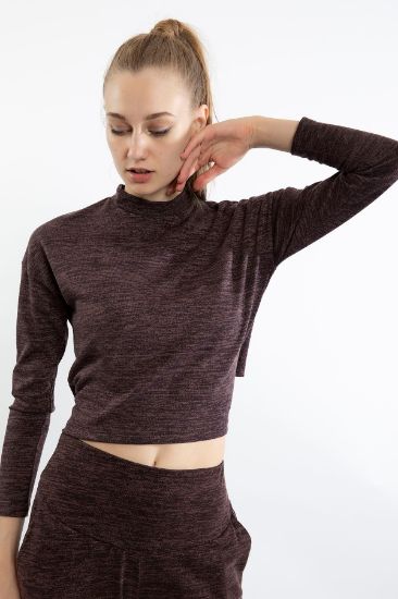 Picture of Knitting Melanj Material Long Maxi Sleeve Dik Neck Arkadan Bağlama Detailed Woman Blouse Terra Cotta Tile