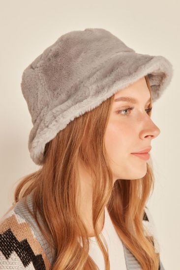 Picture of Peluş Material Woman Bucket Hat Grey