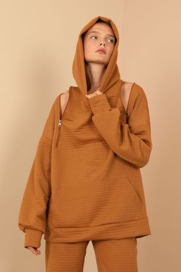 Picture of Petek Material Long Maxi Sleeve Hooded Zipper Detailed Woman Sweatshirt Camel