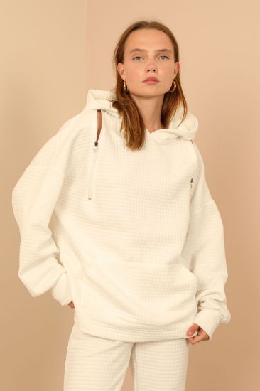 Picture of Petek Material Long Maxi Sleeve Hooded Zipper Detailed Woman Sweatshirt Ecru