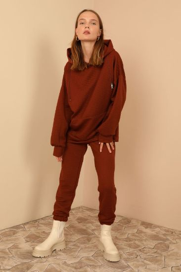 Picture of Petek Material Long Maxi Sleeve Hooded Zipper Detailed Woman Sweatshirt Brown