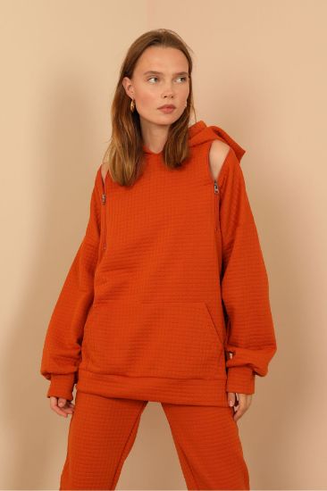 Picture of Petek Material Long Maxi Sleeve Hooded Zipper Detailed Woman Sweatshirt Cinnamon