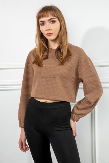 Picture of Petek Material Long Maxi Sleeve Oversize Loose Pocket Detailed Woman Sweatshirt Mink