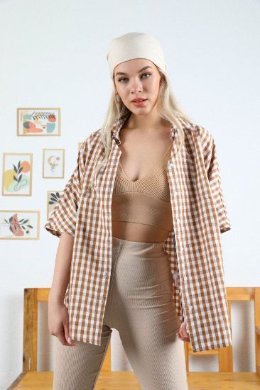 Picture of Poplin Material Basen Six Size Oversize Loose Plaid Woman Shirt Brown
