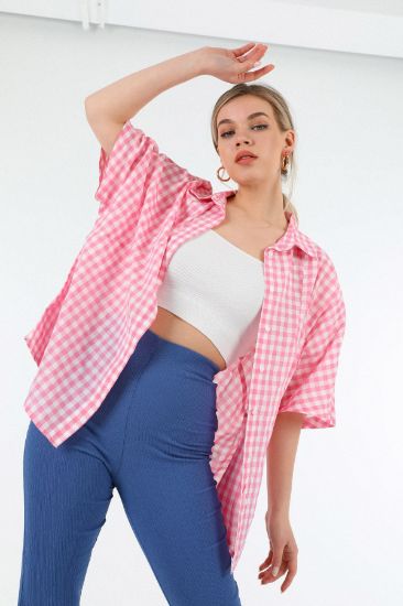 Picture of Poplin Material Basen Six Size Oversize Loose Plaid Woman Shirt Pink