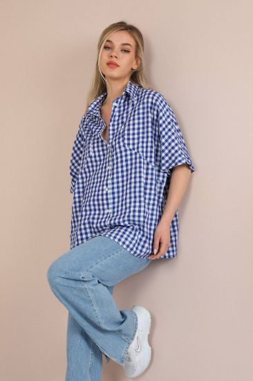 Picture of Poplin Material Basen Six Size Oversize Loose Plaid Woman Shirt Sax