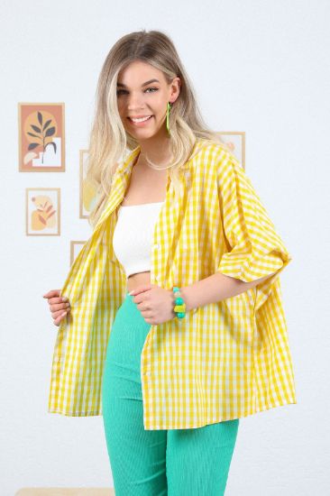 Picture of Poplin Material Basen Six Size Oversize Loose Plaid Woman Shirt Yellow