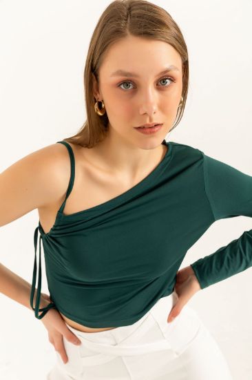 Picture of Sandy Material Long Maxi Sleeved Shoulder Detailed Woman Blouse Emerald Emerald Green Green