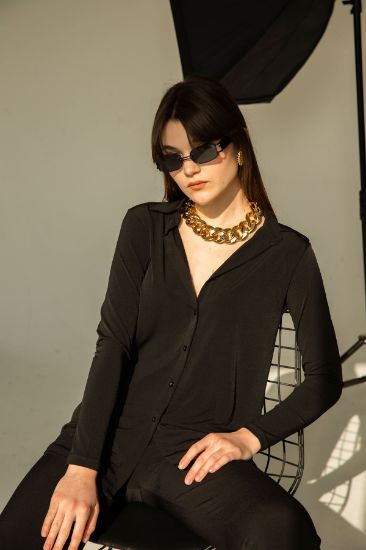 Picture of Sandy Material Long Maxi Sleeved Comfortable Kalıp Woman Shirt Black