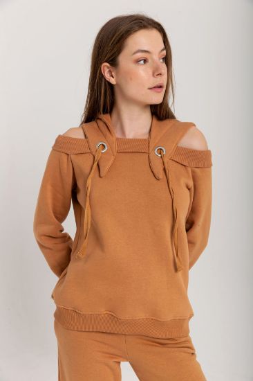 Picture of raising 3 Thread Material Basen Size Shoulder Detailed Woman Sweatshirt Tan