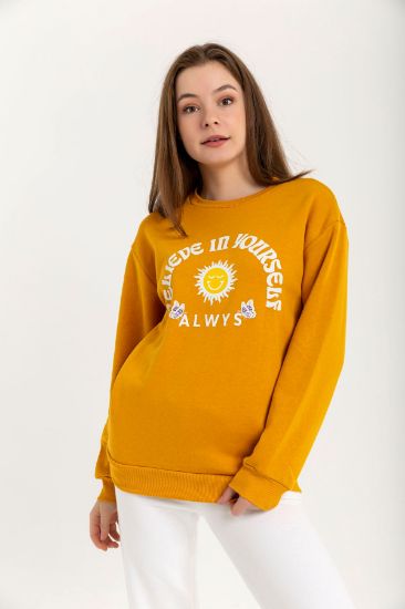 Picture of raising 3 Thread Material Long Maxi Sleeve Basen Size Written Woman Sweatshirt Mustard Mustard Yellow