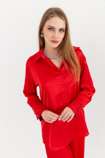 Picture of Satin Material Basen Size Buttoned Loose Shirt Red