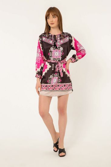 Picture of Satin Material Ethnic&#x20; Pattern Tassel Detail Woman Tunic Fuchsia