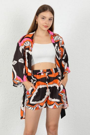Picture of Satin Material leaf Pattern Woman Short Orange