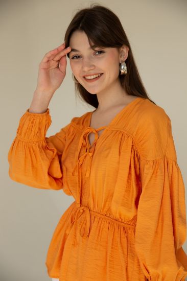 Picture of Seda Linen Material Bağlama Detailed Woman Shirt Orange
