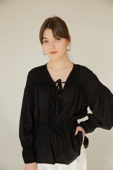 Picture of Seda Linen Material Bağlama Detailed Woman Shirt Black