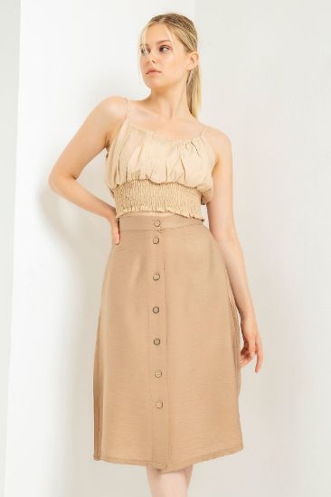 Picture of Seda Linen Material Knee Six Size Düz&#x20; Button Detailed Woman Skirt Beige