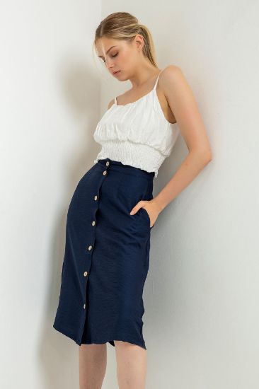 Picture of Seda Linen Material Knee Six Size Düz&#x20; Button Detailed Woman Skirt Navy Navy Blue