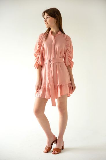 Picture of Seda Linen Material Short Size tippet Neck Sleeve Detailed Woman Dress Powder