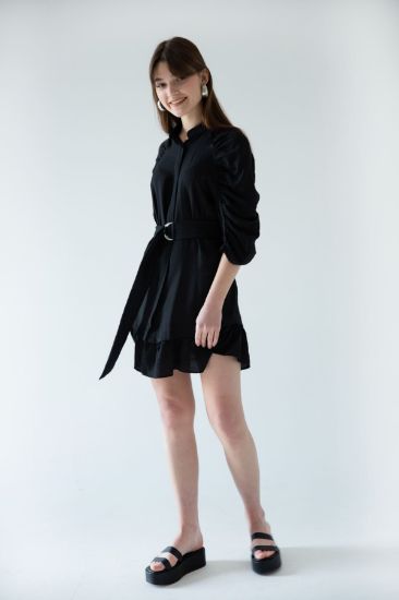 Picture of Seda Linen Material Short Size tippet Neck Sleeve Detailed Woman Dress Black