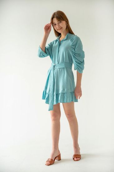 Picture of Seda Linen Material Short Size tippet Neck Sleeve Detailed Woman Dress Su Yeşili