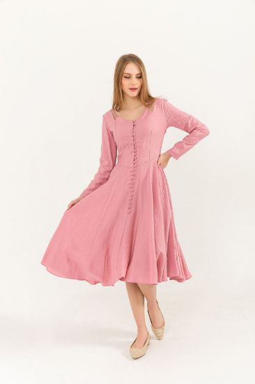 Picture of Seda Linen Material Front Buttoned Askı Detailed&#x20; Woman Dress Rose Kurusu