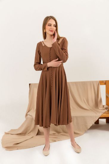 Picture of Seda Linen Material Front Buttoned Askı Detailed&#x20; Woman Dress Brown