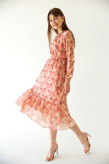 Picture of Chiffon Material Belted Neck Geometric Pattern Woman Dress Pink