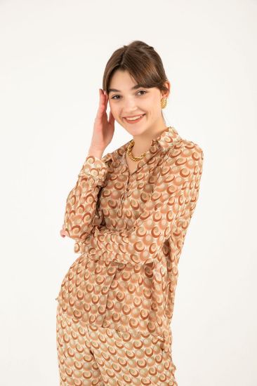 Picture of Chiffon Material Basen Size Tam Kalıp Geometric Pattern Woman Shirt Beige