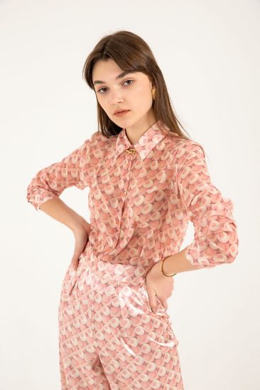 Picture of Chiffon Material Basen Size Tam Kalıp Geometric Pattern Woman Shirt Pink