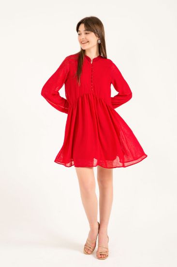 Picture of Chiffon Material tippet Neck Comfortable Kalıp Woman Dress Red