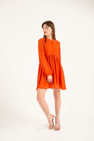 Picture of Chiffon Material tippet Neck Comfortable Kalıp Woman Dress Orange