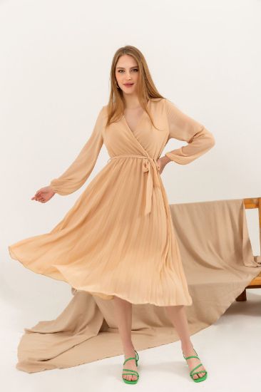 Picture of Chiffon Material Double breasted Neck A Cut Piliseli Woman Dress Beige