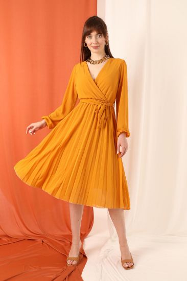 Picture of Chiffon Material Double breasted Neck A Cut Piliseli Woman Dress Mustard Mustard Yellow