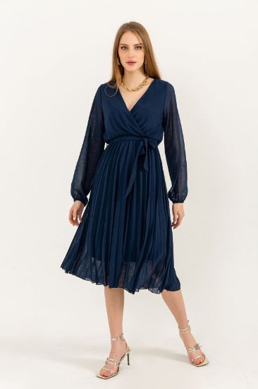 Picture of Chiffon Material Double breasted Neck A Cut Piliseli Woman Dress Navy Navy Blue